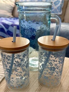 Aesthetic Floral Glass Tumbler Set w/ Bamboo Lids & Straws + Blue Glass Pitcher